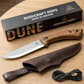 Bushcraft Knife for Camping & Outdoor – Carbon Steel Knife with Walnut Handle & Leather Sheath – BSH1 Dune