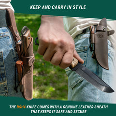 Bushcraft Knife with Ferro Rod for Fire Starting – Black Oxide Coated Carbon Steel Knife with Walnut Handle & Leather Sheath – BSH4_F Dusk