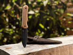 Compact Bushcraft Knife for Camping & Hiking – Black Oxide Coated Carbon Steel Knife with Walnut Handle & Leather Sheath – BSH5 Shadow