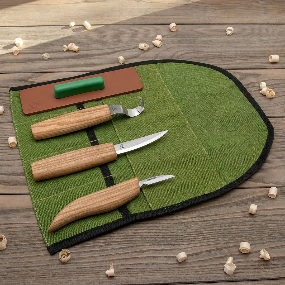 Left-Handed Spoon Carving Knife Set in Tool Roll, 3 pcs