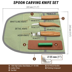 3-Piece Spoon Carving Set – Wood Carving Knife Set for Spoon Making in Tool Roll – S13