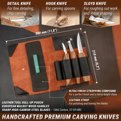 3-Piece Premium Spoon Carving Knife Set – Walnut Handle Wood Carving Knives in Leather Tool Case – S13X