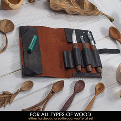 3-Piece Premium Spoon Carving Set – Walnut Handle Wood Carving Tools in Leather Case – S14X