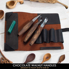 3-Piece Premium Spoon Carving Set – Walnut Handle Wood Carving Tools in Leather Case – S14X