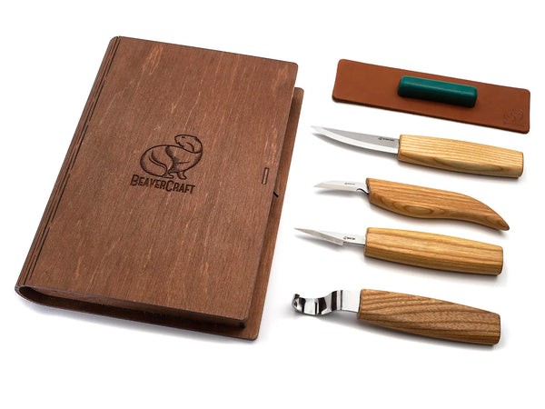 Left-Handed Wood & Spoon Carving Knife Set in Book Case, 4 pcs