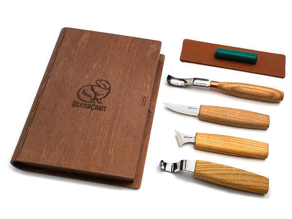 Left-Handed Spoon Carving Tool Set in Book Case, 4 pcs