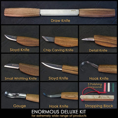 9-Piece Premium Wood Carving Tool Set – Walnut Handle Wood Carving Knives in Leather Tool Bag – S50X