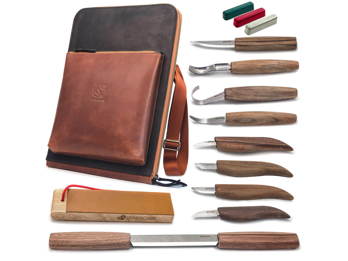 9-Piece Premium Wood Carving Tool Set – Walnut Handle Wood Carving Knives in Leather Tool Bag – S50X