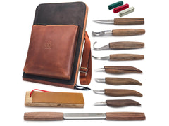 9-Piece Premium Wood Carving Tool Set – Walnut Handle Wood Carving Knives in Leather Tool Bag – S50X