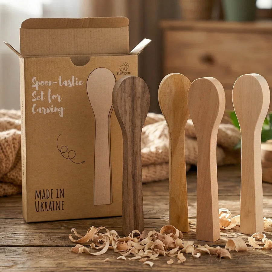 Spoon Carving Blank Set – Cherry, Mulberry, Walnut & Basswood, 4 pcs