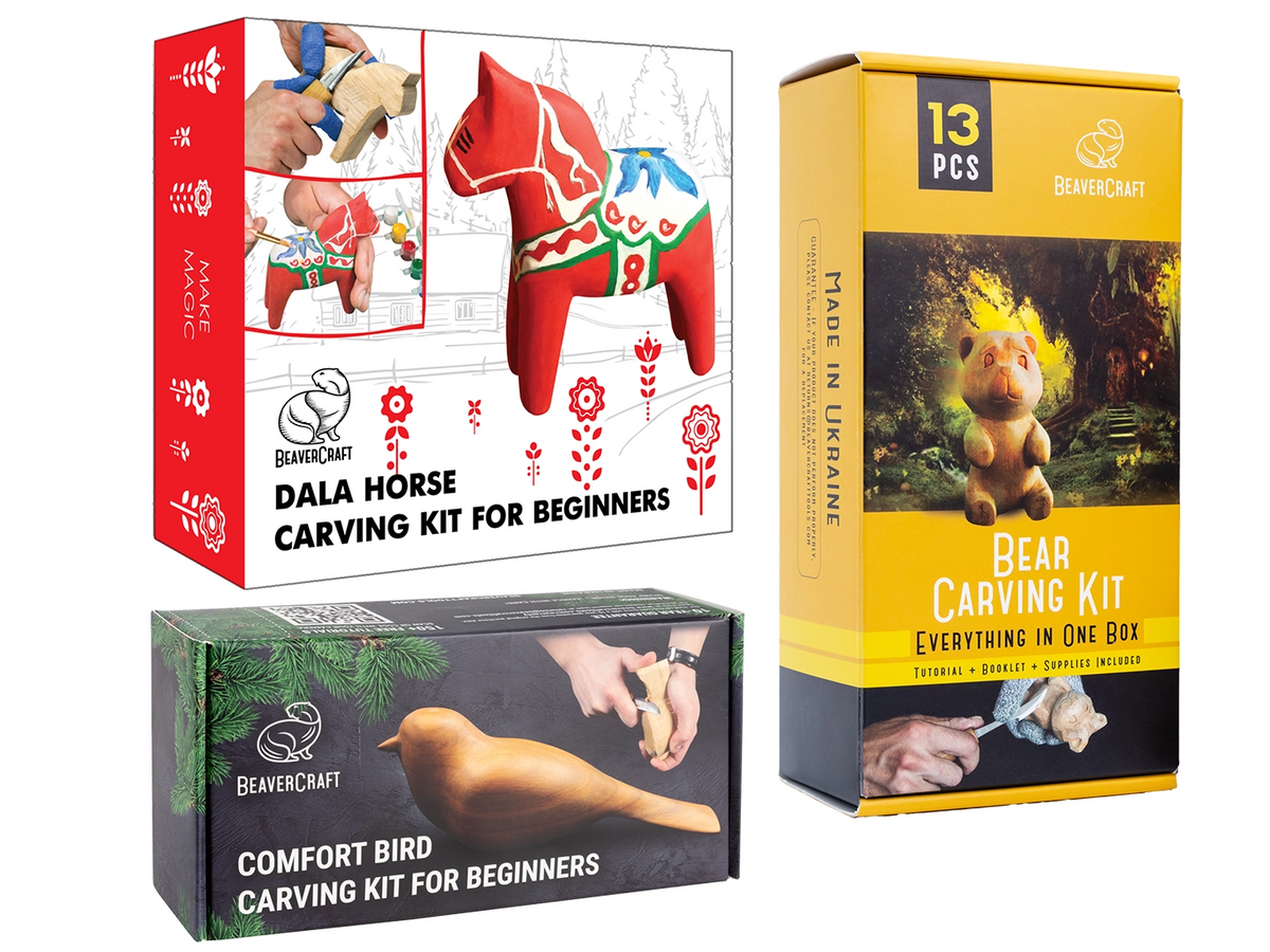 Animal Friends Set – Complete Wood Carving Kit Bundle with Comfort Bird, Bear & Dala Horse – BDIY01_02_05