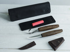 2-Piece Premium Spoon Carving Set – Walnut Handle Starter Wood Carving Knife Set in Leather Tool Case – S01X Black