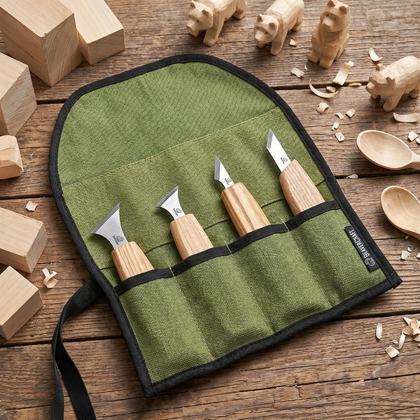 Chip Carving Knife Set in Tool Roll, 4 pcs