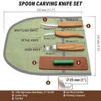 Spoon Carving Knife Set in Tool Roll, 3 pcs