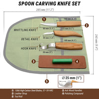 Left-Handed Spoon Carving Knife Set in Tool Roll, 3 pcs