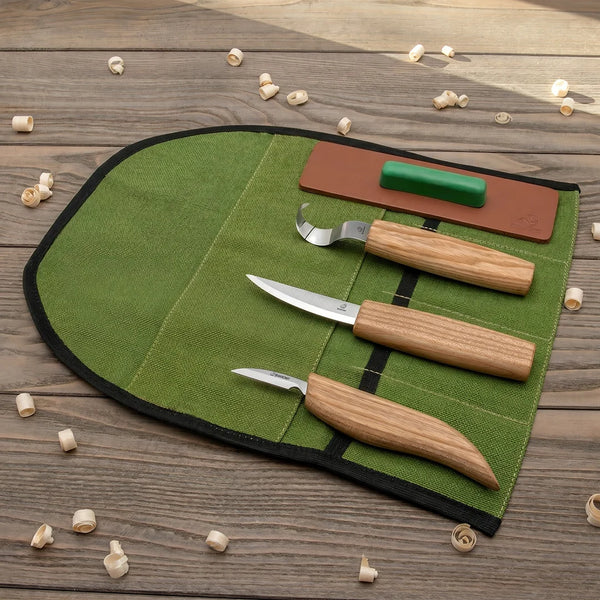 Spoon Carving Knife Set in Tool Roll, 3 pcs