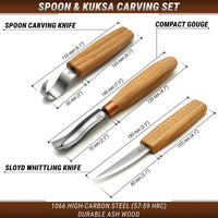 Spoon Carving Set with Gouge in Tool Roll, 3 pcs