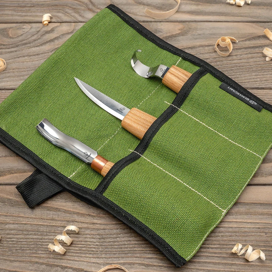 Spoon Carving Set with Gouge in Tool Roll, 3 pcs
