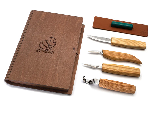 Wood & Spoon Carving Knife Set in Book Case, 4 pcs